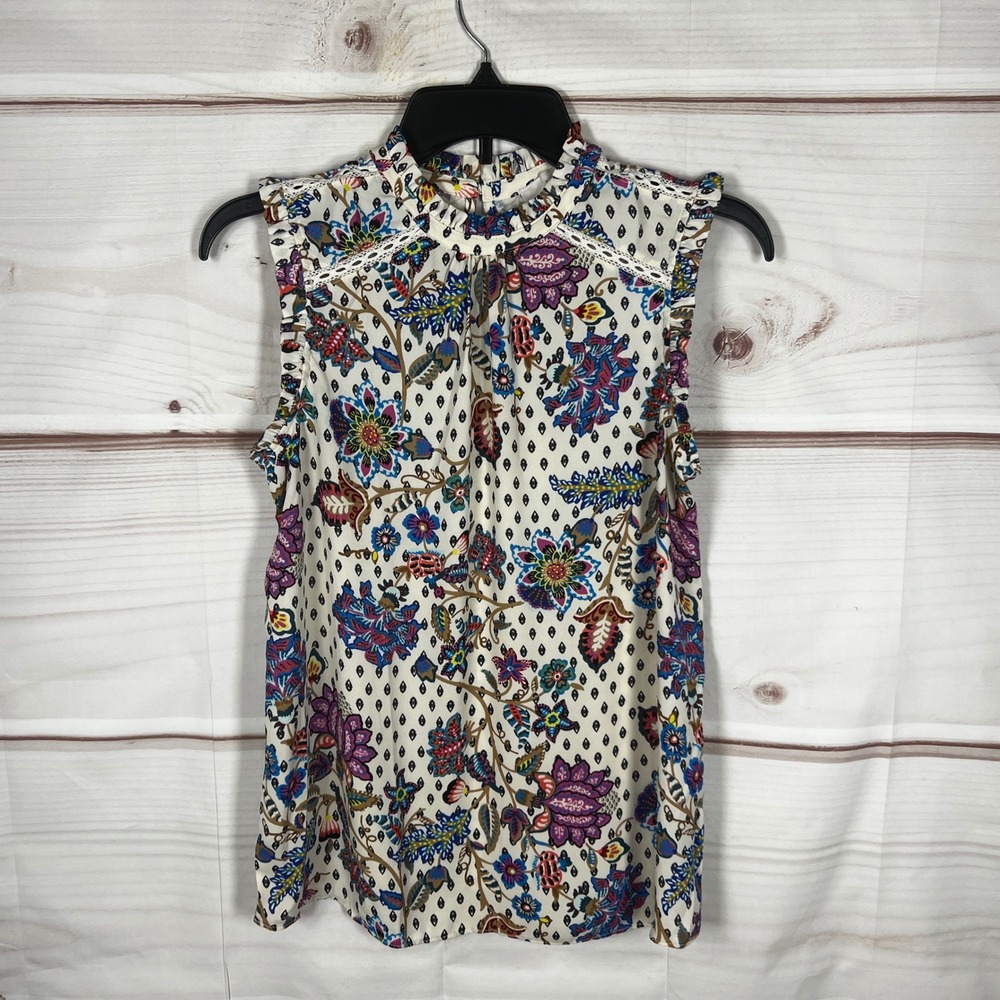LOFT Sleeveless Blouse Women XS Ivory Floral Ruffle Mock Neck Lace Trim Pullover